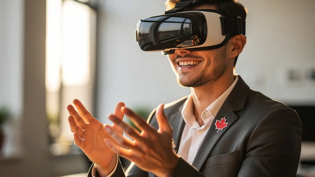 Employee practicing conversation with AI-powered virtual human in VR training scenario