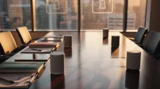 Executive boardroom with visible smart speakers amid contrasting security and productivity elements