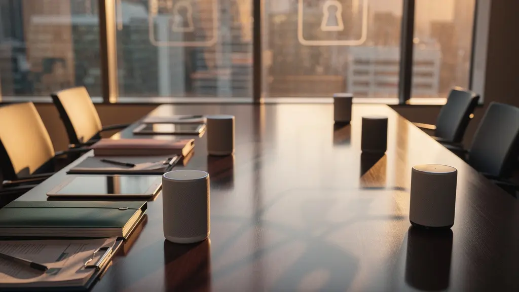 Executive boardroom with visible smart speakers amid contrasting security and productivity elements