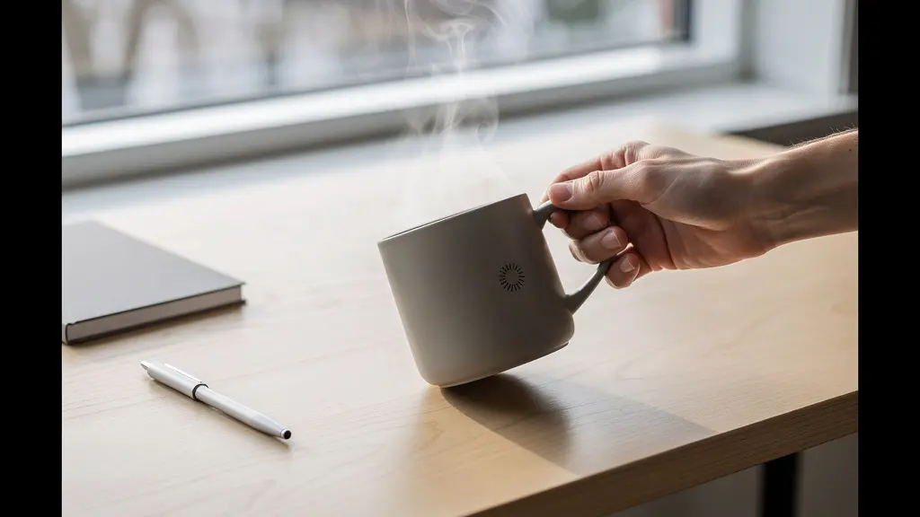 Ceramic mug being lifted showing subtle logo on bottom in minimalist office setting