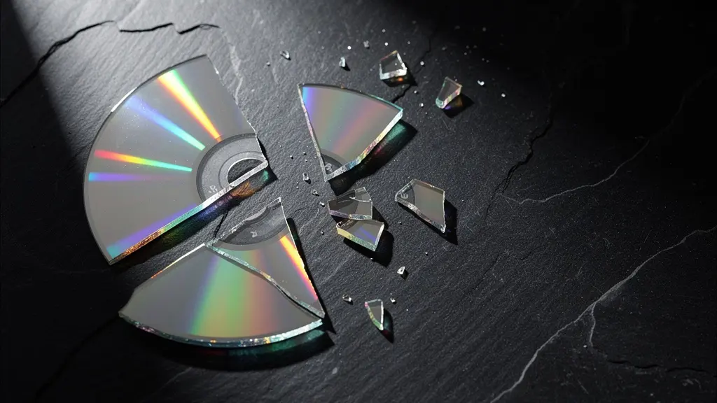 Shattered fragments of a reflective disc scattered on a dark surface, symbolizing the loss of a digital game library.