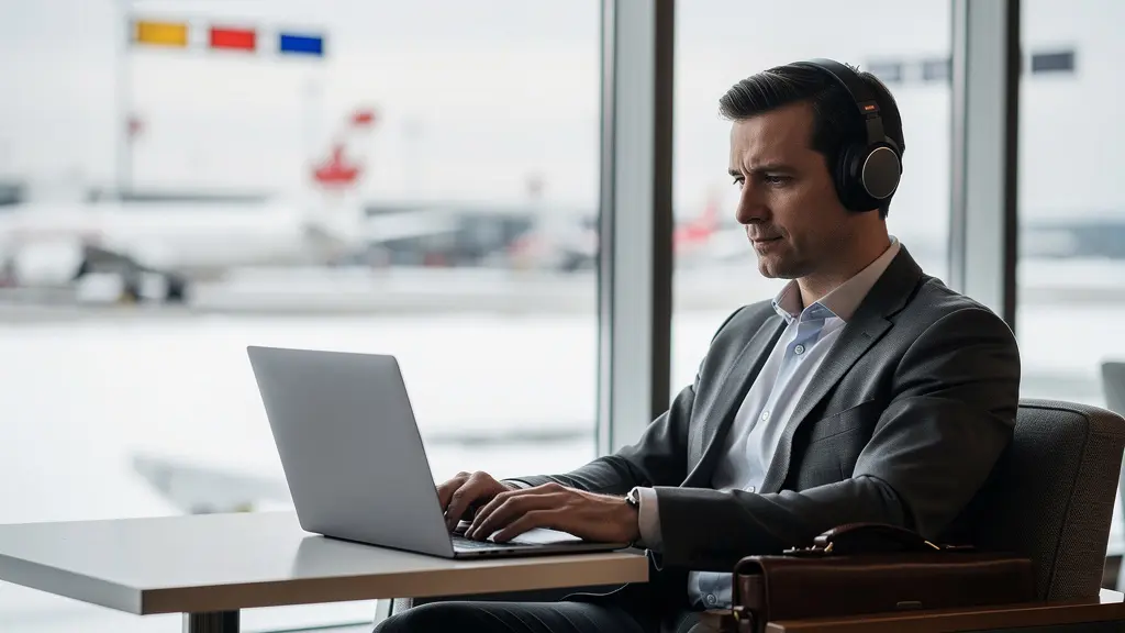 Executive in airport lounge wearing premium headphones with boarding pass