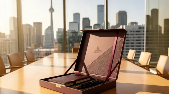 Executive boardroom with elegant gift presentation setup