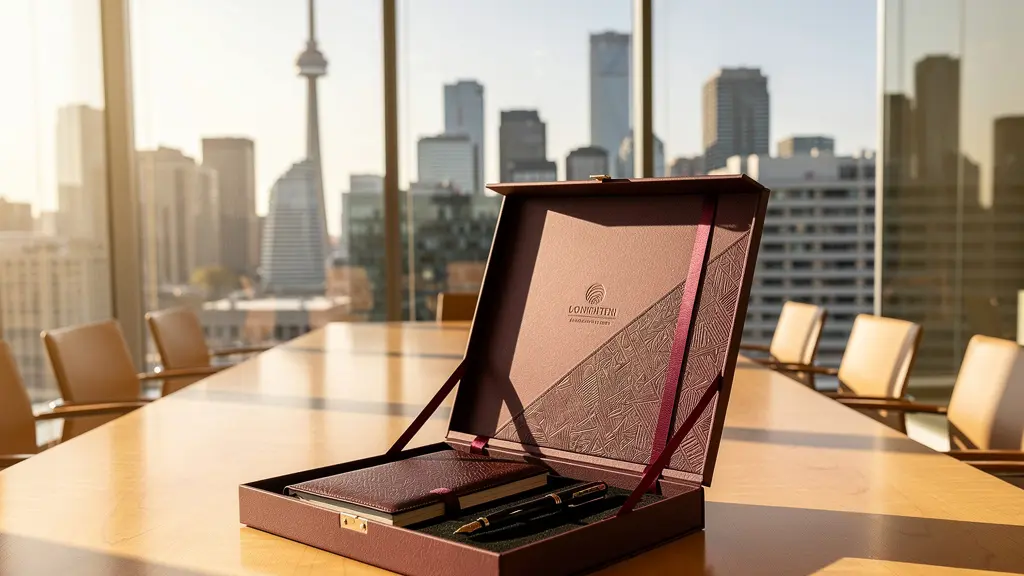 Executive boardroom with elegant gift presentation setup