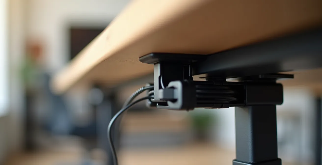 Close-up of flexible cable spine system attached to standing desk frame