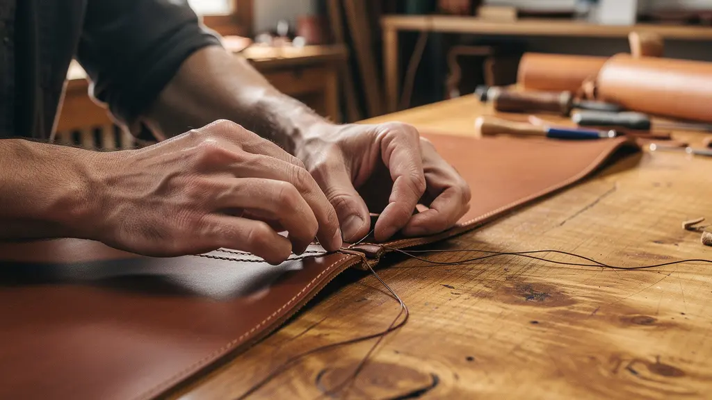 Canadian artisan working on custom leather goods in workshop with natural materials