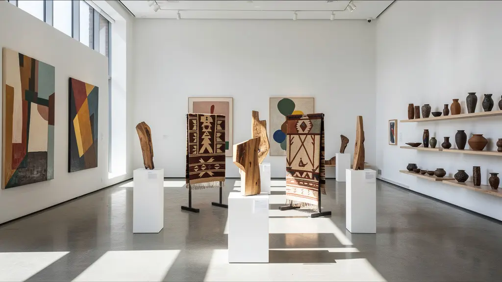 Wide shot of art gallery space with Canadian artwork and crafts displayed on white walls