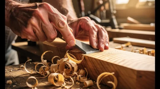 Close-up of skilled Canadian artisan hands carefully shaping a piece of maple wood in a sunlit workshop