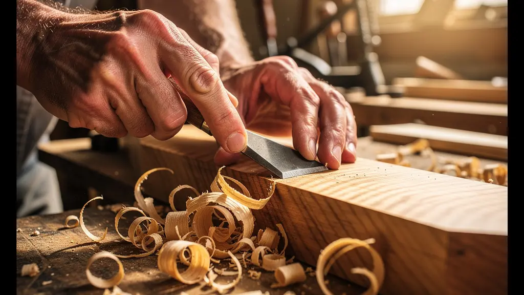 Close-up of skilled Canadian artisan hands carefully shaping a piece of maple wood in a sunlit workshop