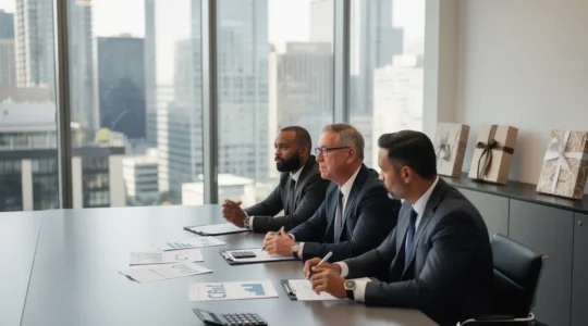 Strategic corporate tax planning meeting in a modern Canadian office with financial documents and gift budget calculations