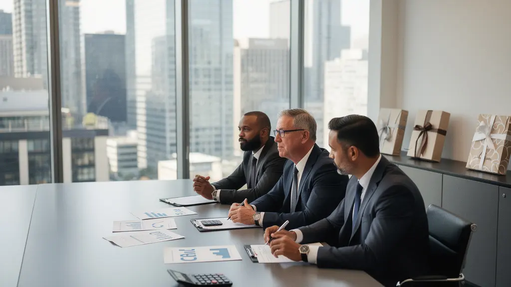 Strategic corporate tax planning meeting in a modern Canadian office with financial documents and gift budget calculations