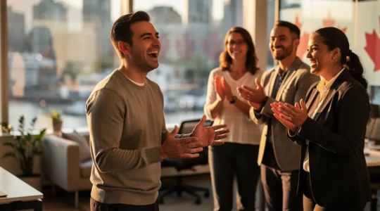 Diverse Canadian employees celebrating in a modern office, showing genuine appreciation and team spirit