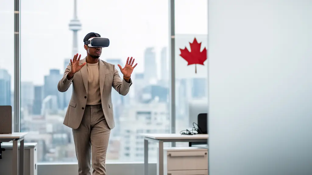 Professional wearing VR headset in Canadian corporate office environment during soft skills training session