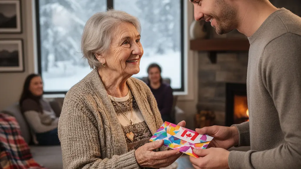 Canadian family exchanging digital gift cards during winter gathering