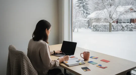 Professional managing digital subscriptions in Canadian home office during winter