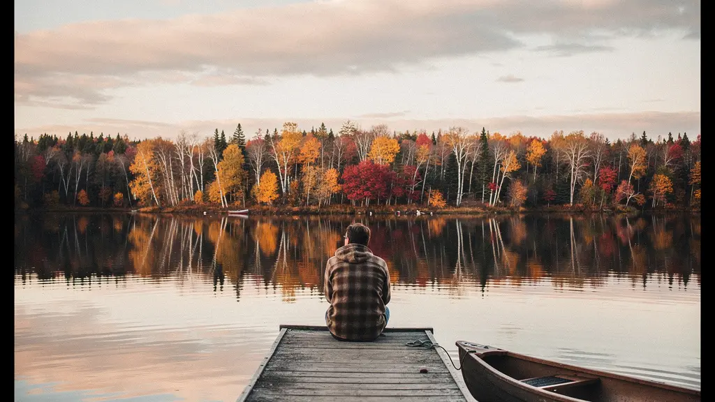 A wide landscape shot of a person sitting alone on a wooden dock by a calm Muskoka-style lake surrounded by autumn trees, with no electronic devices visible, embodying a 24-hour digital unplug.