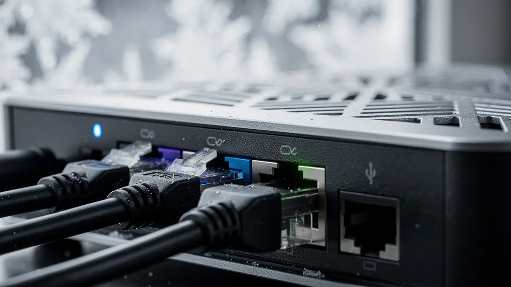 Close-up view of network equipment showing router with LTE failover antenna in Canadian home office setting