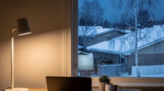 A cozy Canadian home office bathed in warm tunable smart lighting during a dark February evening, with snowy landscape visible through the window.