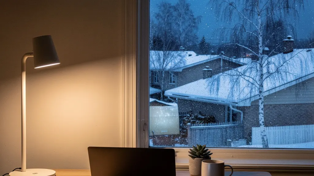A cozy Canadian home office bathed in warm tunable smart lighting during a dark February evening, with snowy landscape visible through the window.