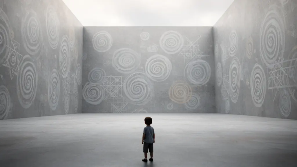Child's silhouette surrounded by spiraling content patterns in soft colors