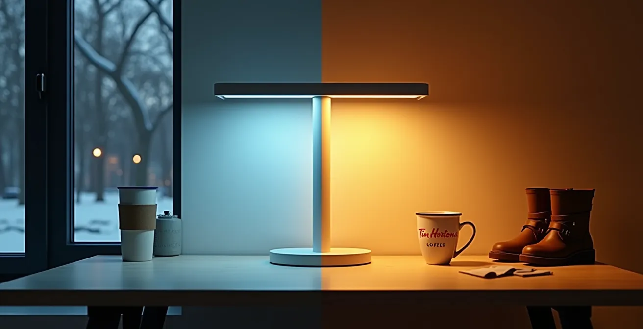 Split composition showing morning cool light and evening warm light in Canadian home office