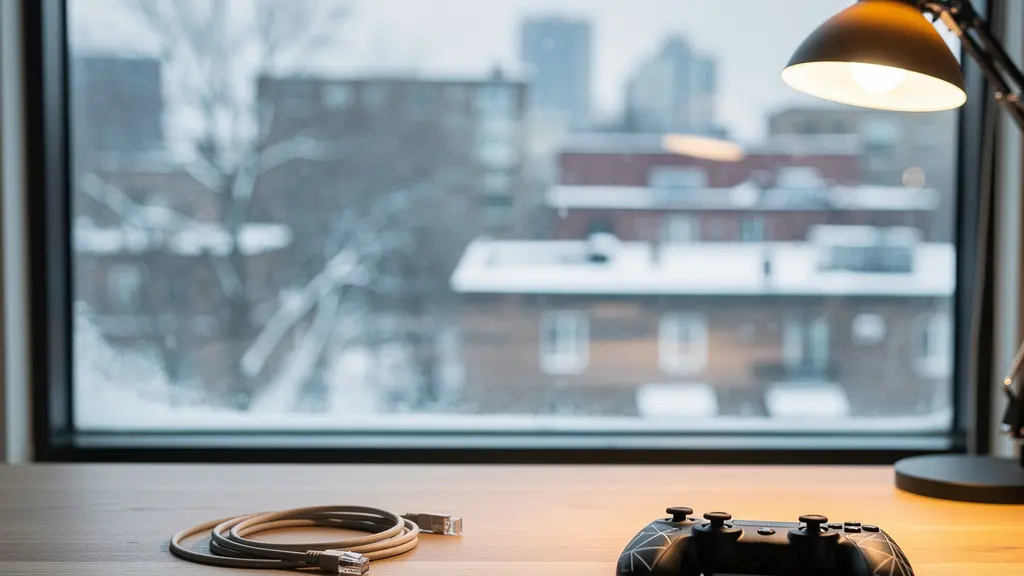 A warm interior scene with glowing ethernet cable and gaming controller on a wooden desk, framed by a snowy Canadian cityscape visible through a window.