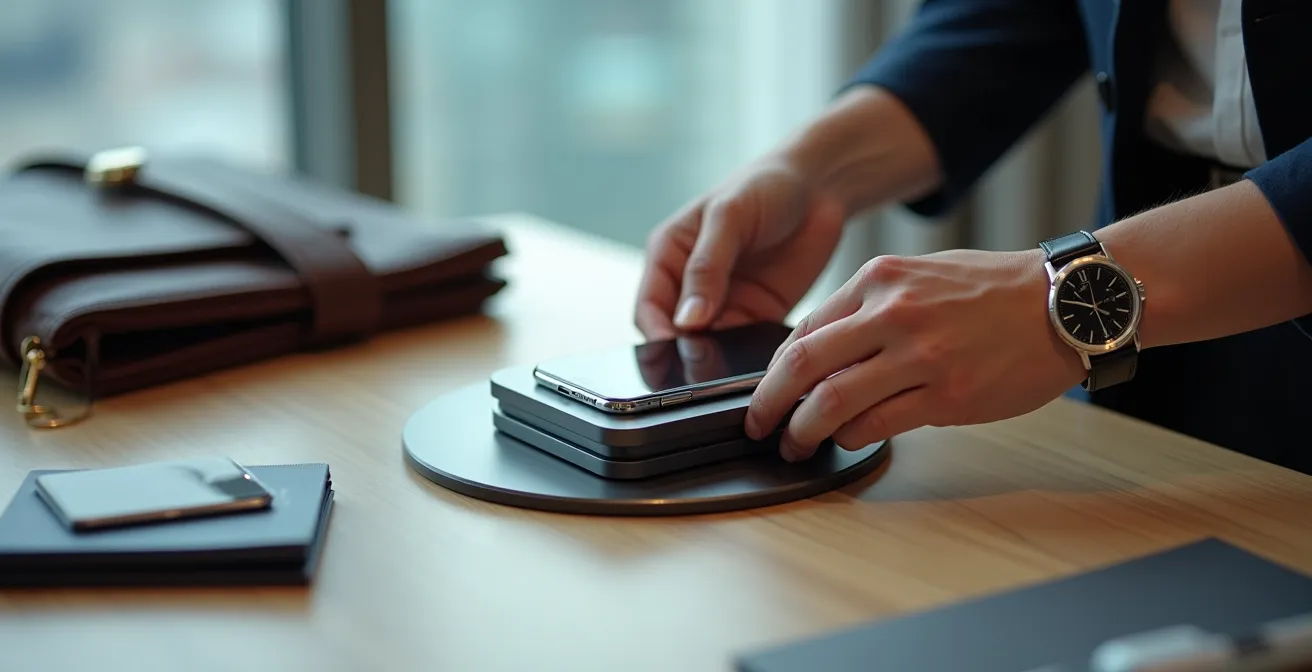 Foldable wireless charging station packed efficiently in business travel bag