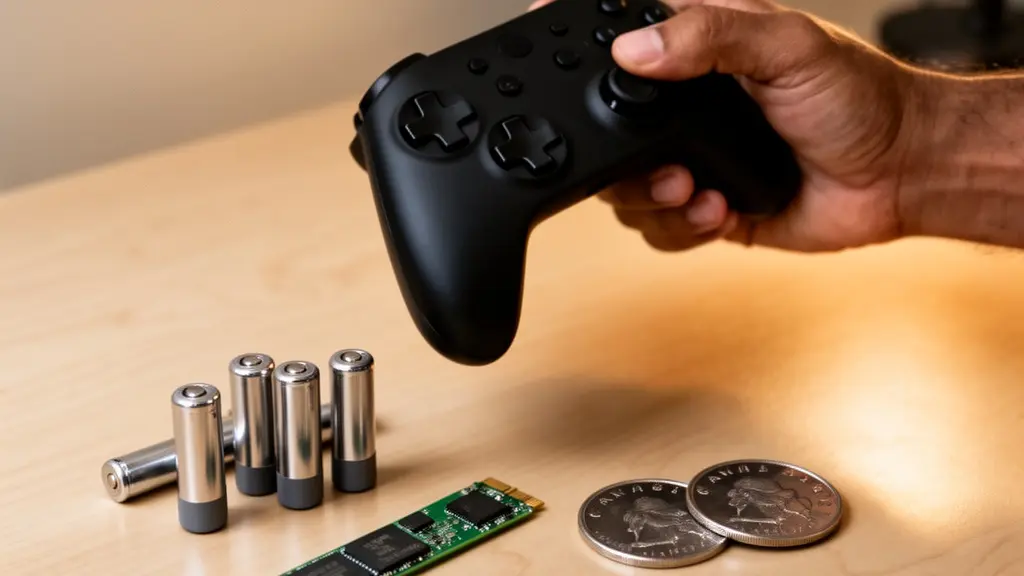 A hand holding a game controller over a desk with rechargeable batteries and an SSD, symbolizing hidden accessory costs.