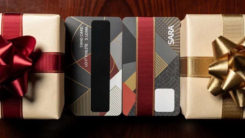 Artistic arrangement of various gift cards and corporate gifts on executive desk