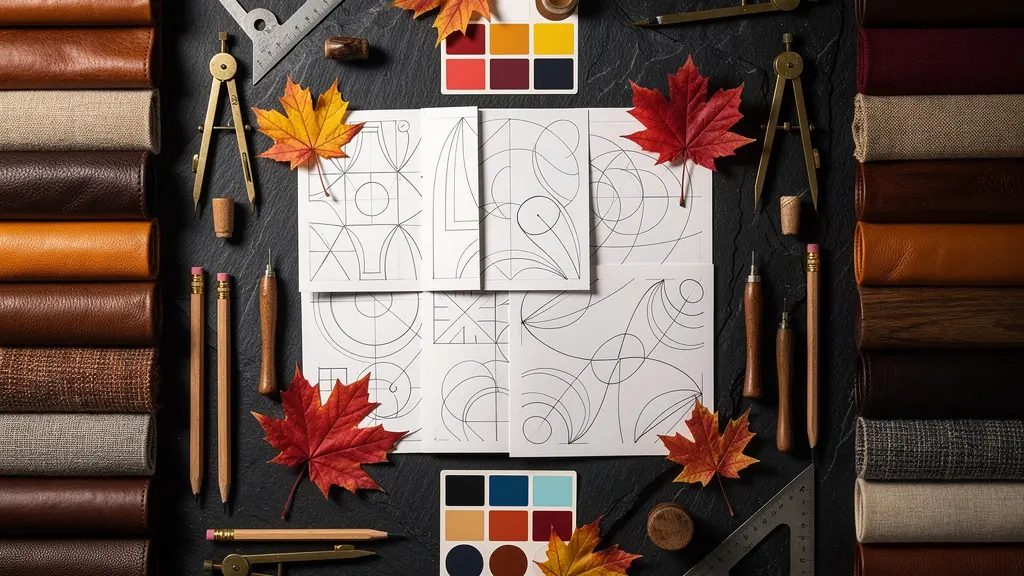 Overhead view of design sketches and material samples for custom corporate gift planning