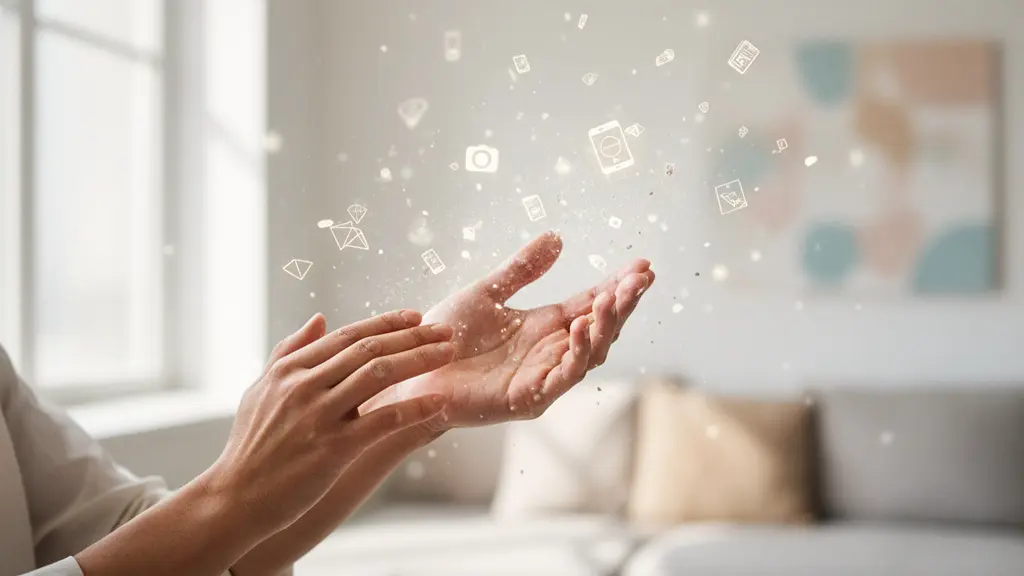 Hands organizing floating transparent screens showing different streaming profiles