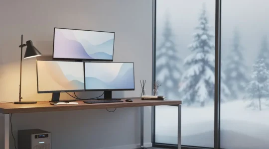 Modern home office setup with backup power systems visible through frosted windows showing Canadian winter landscape