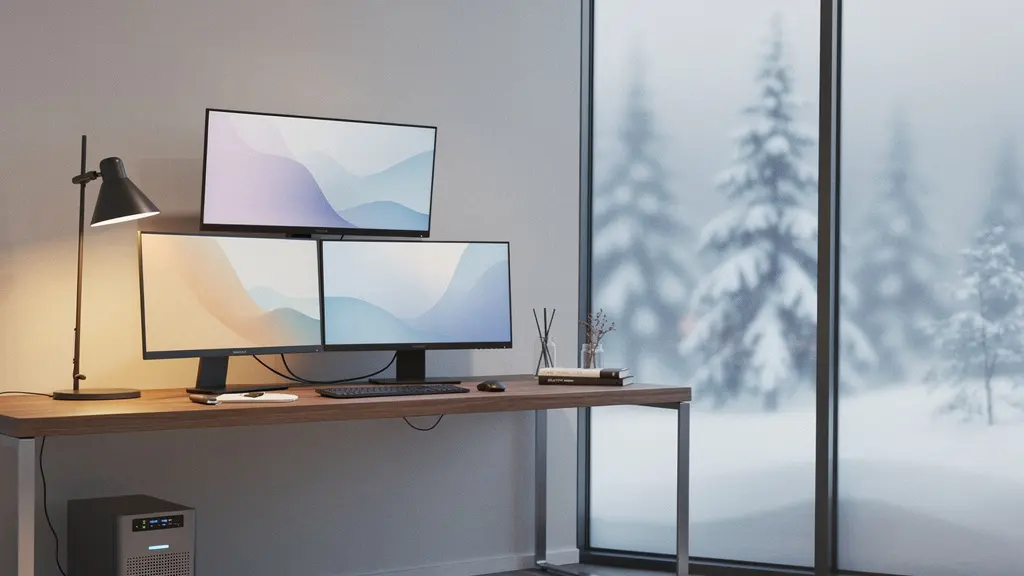 Modern home office setup with backup power systems visible through frosted windows showing Canadian winter landscape