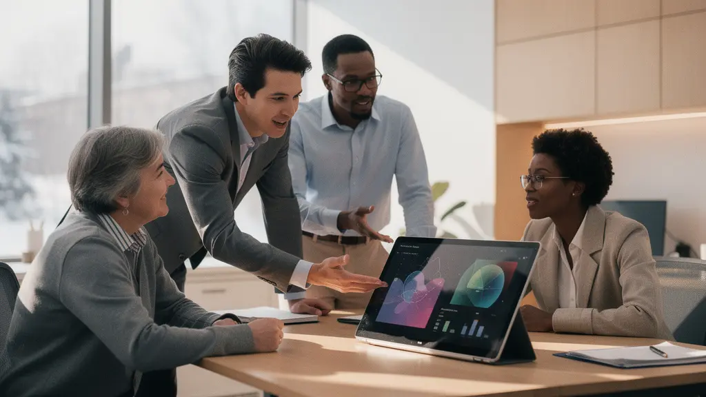 Diverse business team engaged in an AI assistant training session around a smart whiteboard in a bright modern office space