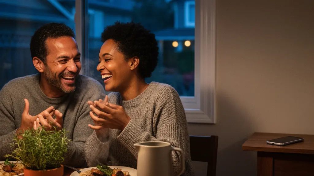 A warm Canadian family dinner table with soft ambient lighting, where a smartphone lies face-down on a wooden surface away from the plates, symbolizing a tech-free meal.