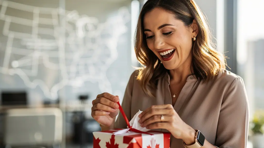A delighted employee in a Vancouver office unwrapping a personalized gift, showcasing the positive outcome of ML optimization.