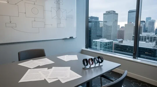 Corporate wellness technology meeting with privacy compliance documents in Canadian office