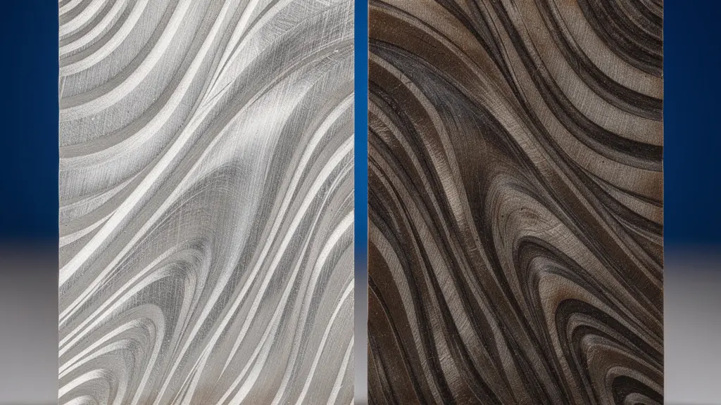 Close-up macro view of diamond drag and laser engraving techniques on polished metal surface showing texture differences