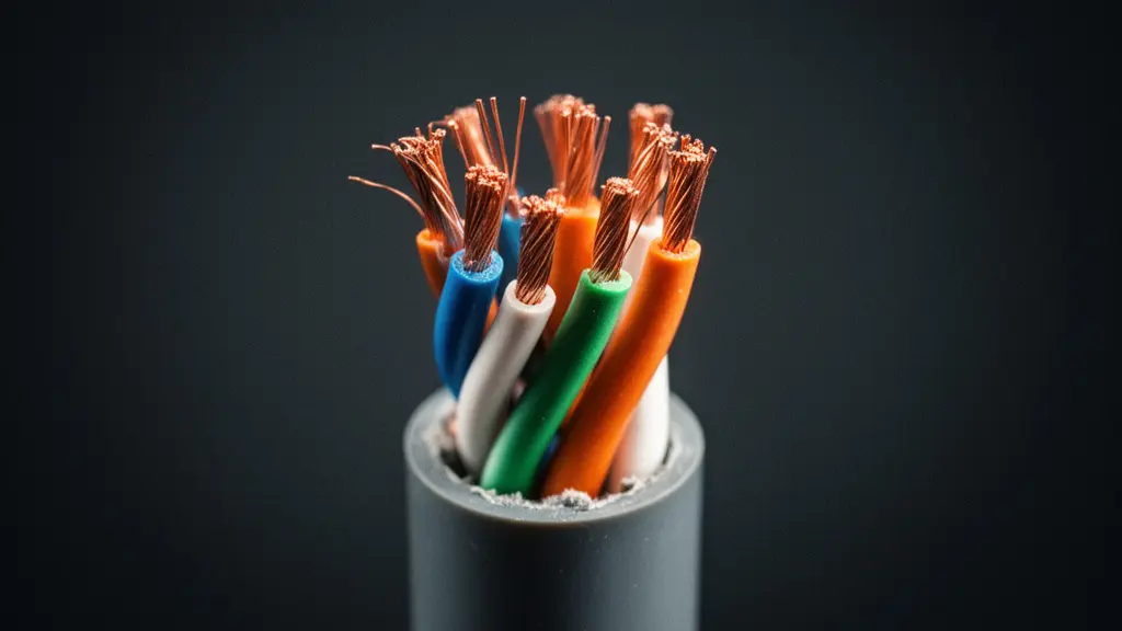 Extreme close-up of copper strands inside a severed ethernet cable, with tiny light reflections suggesting data transmission.