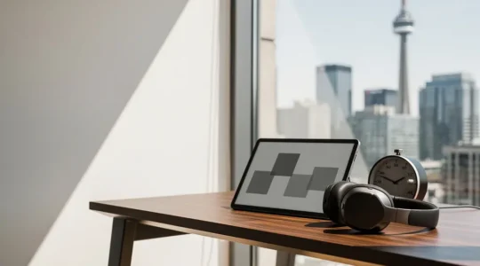 Modern executive workspace with minimalist aesthetic featuring focus gadgets