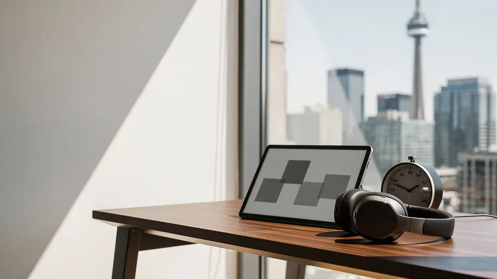 Modern executive workspace with minimalist aesthetic featuring focus gadgets