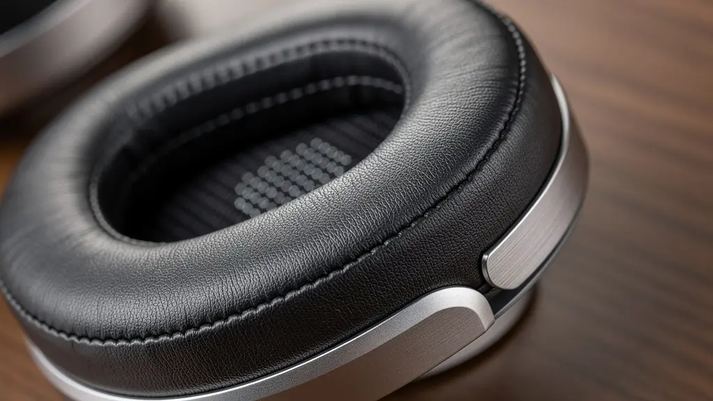 Extreme close-up of premium headphone ear cushion texture and materials