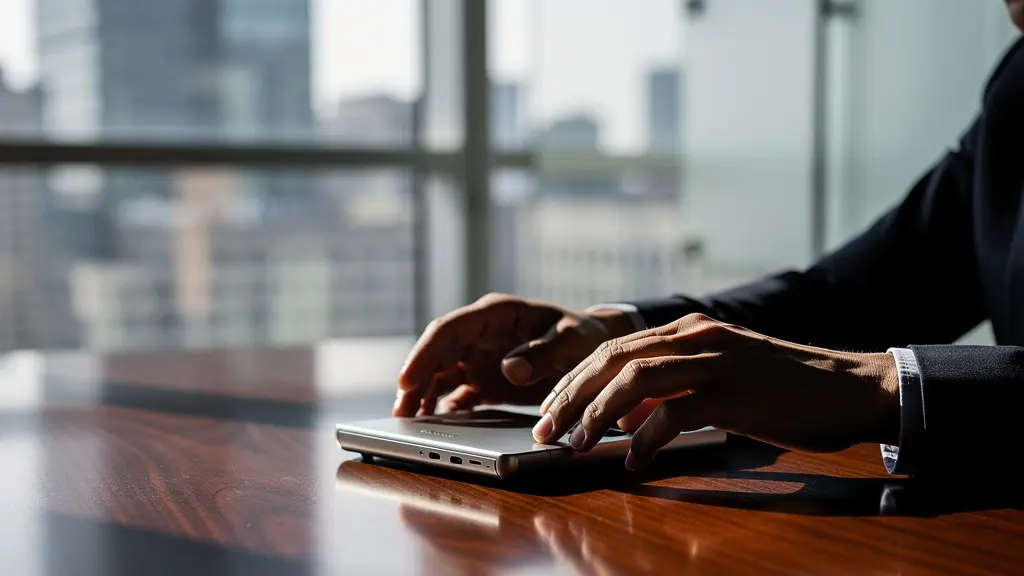A C-suite executive's hands are shown examining a sophisticated, personalized smart device on their desk in a corner office.