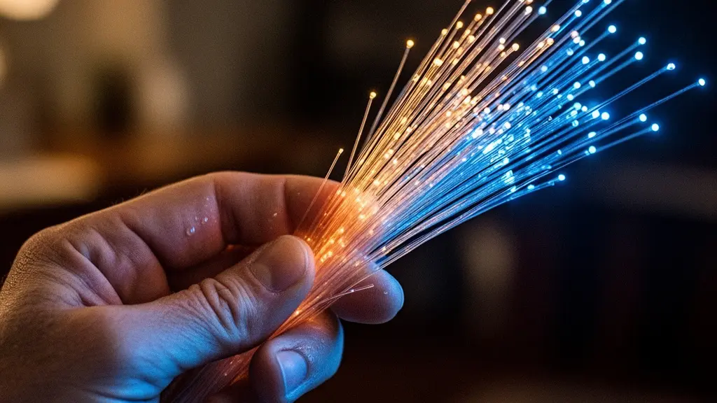 Glowing fiber optic strands fanning out in warm amber and cool blue light against a dark background, evoking high-speed data flow.