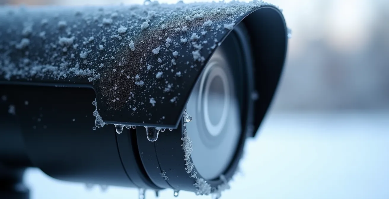 Macro shot of ice crystals forming on black camera lens housing in extreme cold