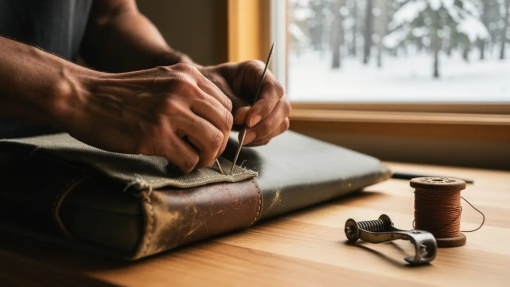 A close-up of hands carefully stitching a laptop sleeve made from upcycled materials on a wooden workbench, with boreal pine visible through a window behind.