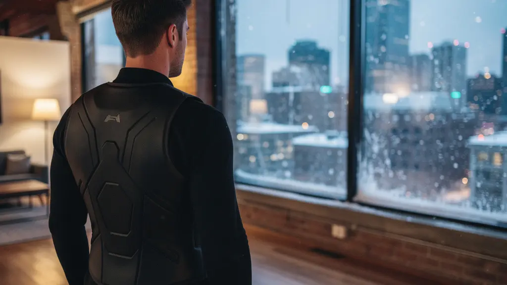 A person wearing a sleek black haptic vest in a dimly lit room, bathed in cool blue and warm amber light, evoking the contrast of immersive technology and Canadian winter ambiance.