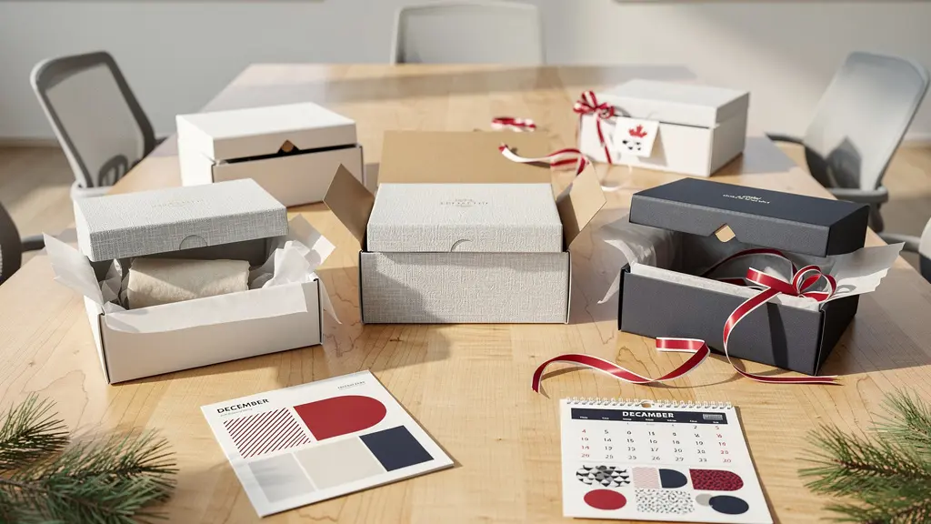 Strategic overhead view of corporate gift boxes arranged on Canadian maple wood surface with December calendar and shipping labels visible
