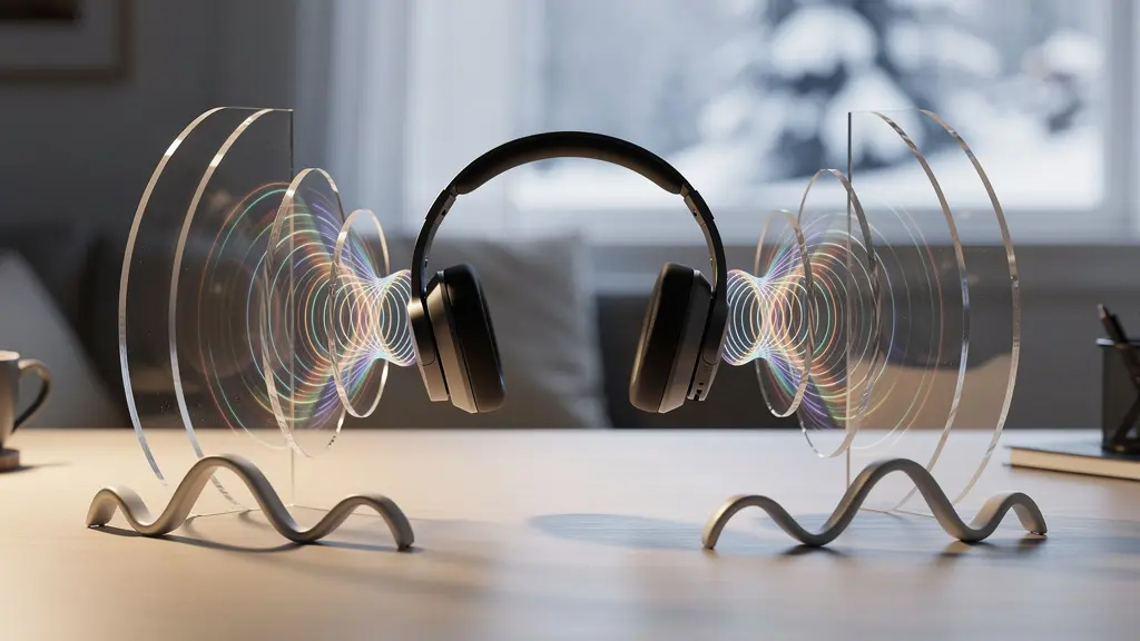 Split-screen showing home office setup with noise waves being cancelled