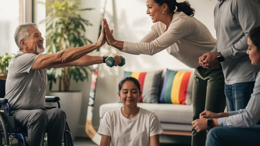 Diverse team members celebrating wellness achievements with various activity displays